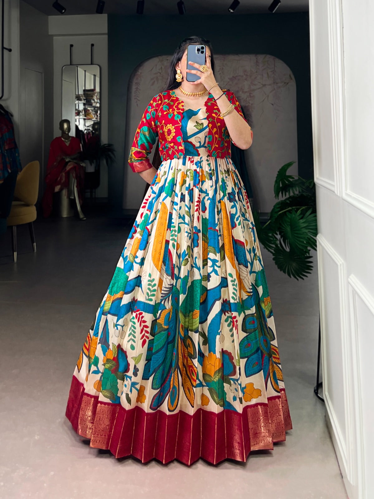 Elegant Kalamkari Print Gown with Zari Weaving Koti