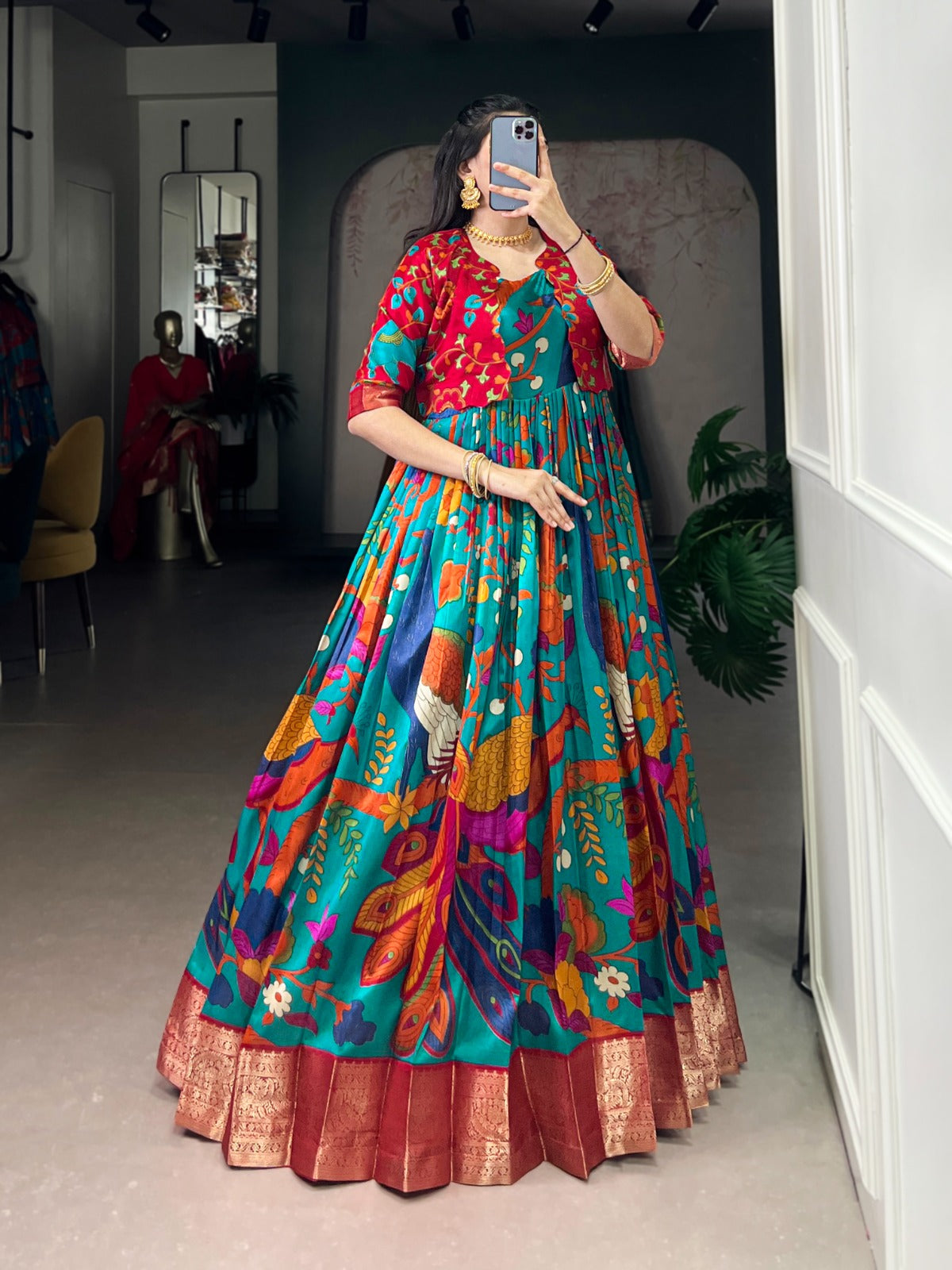 Designer Tasar Silk Kalamkari Gown with Zari Weaving Koti