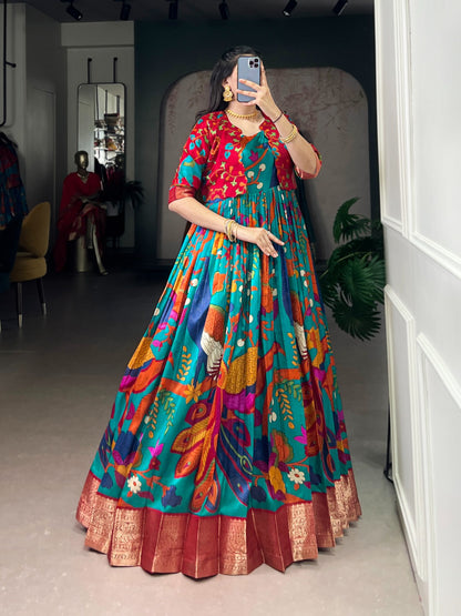 Designer Tasar Silk Kalamkari Gown with Zari Weaving Koti