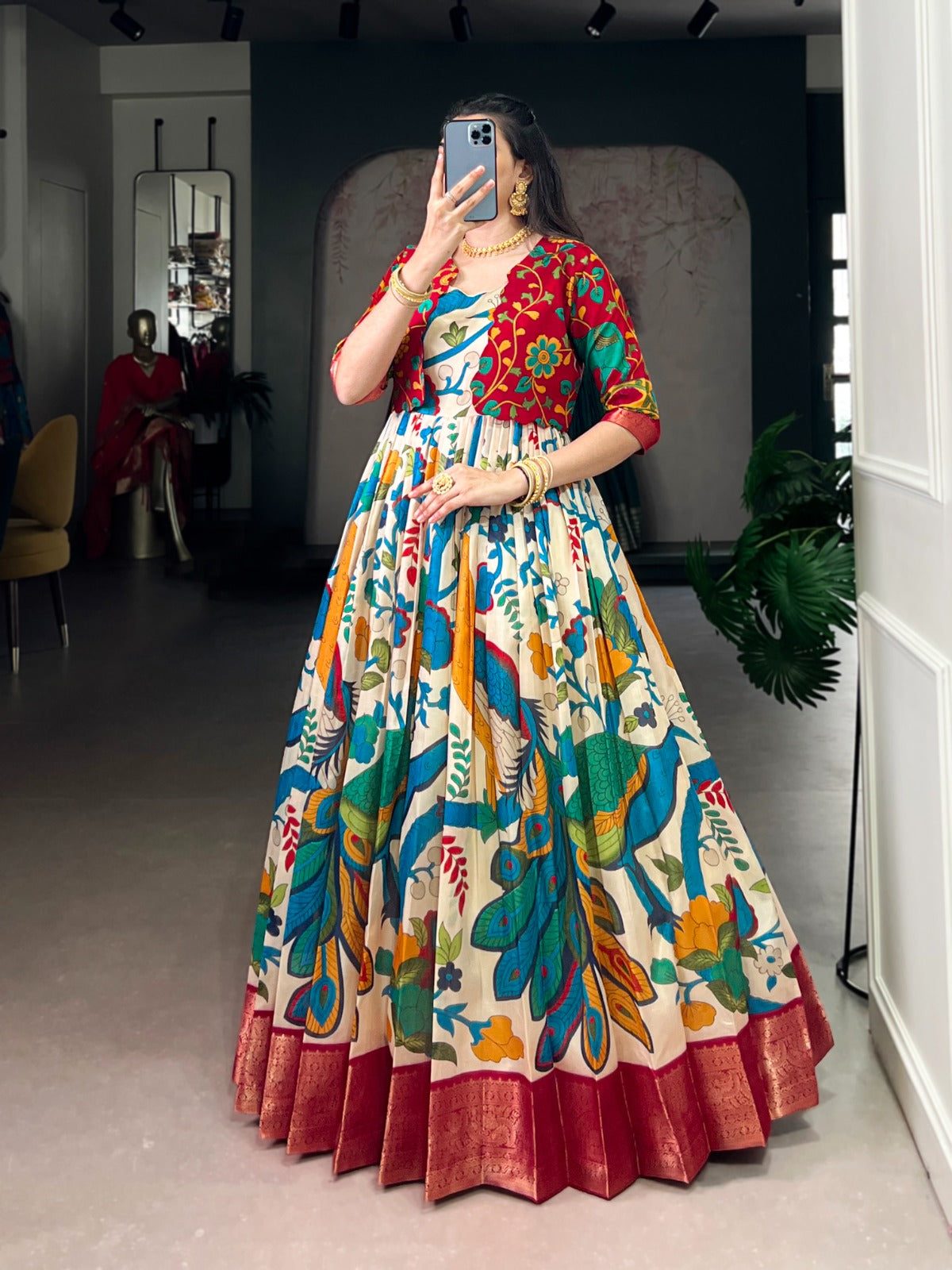 Elegant Kalamkari Print Gown with Zari Weaving Koti