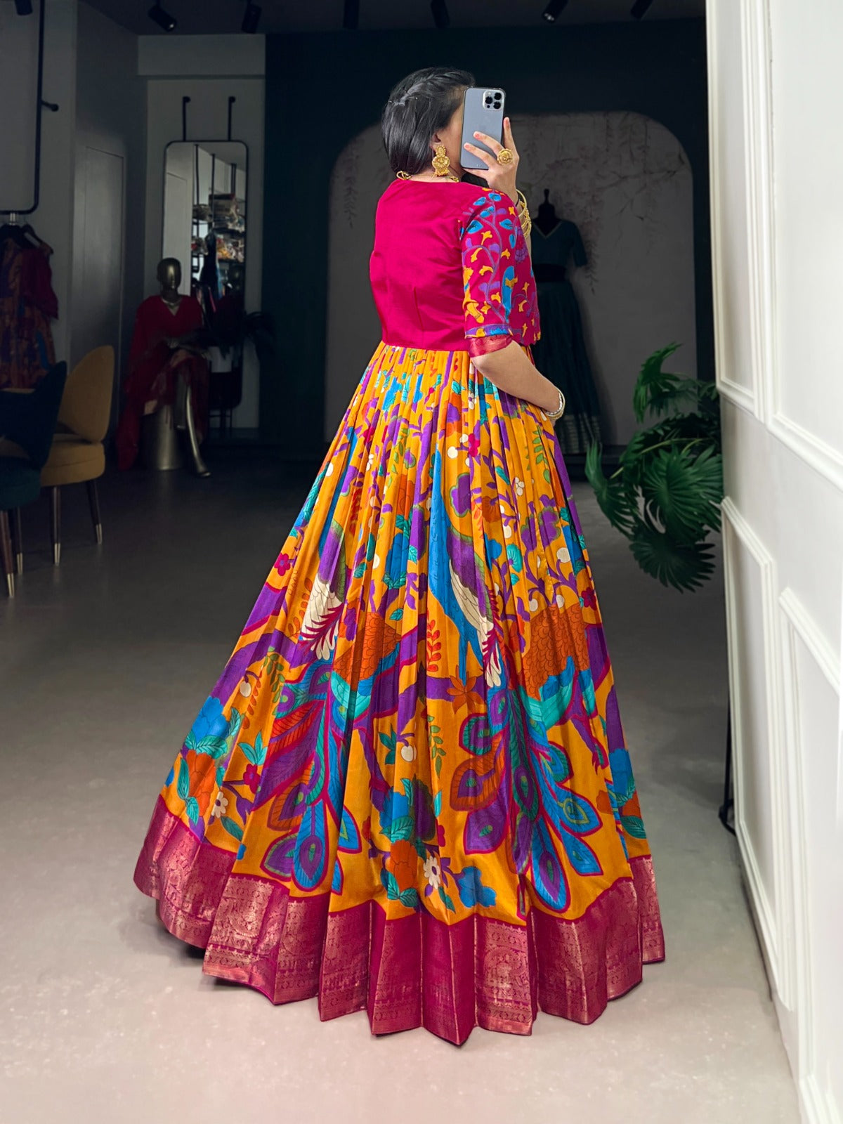 Kalamkari Tasar Silk Gown with Micro Crepe Lining