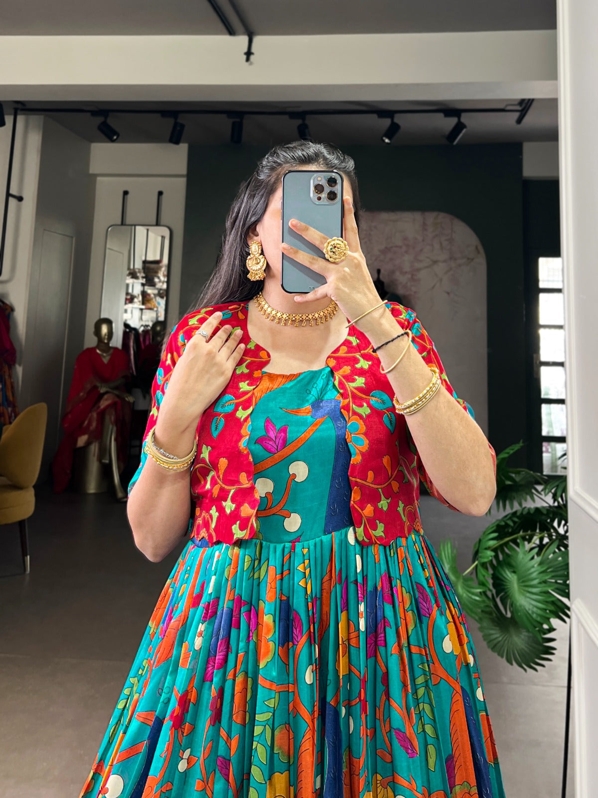 Designer Tasar Silk Kalamkari Gown with Zari Weaving Koti