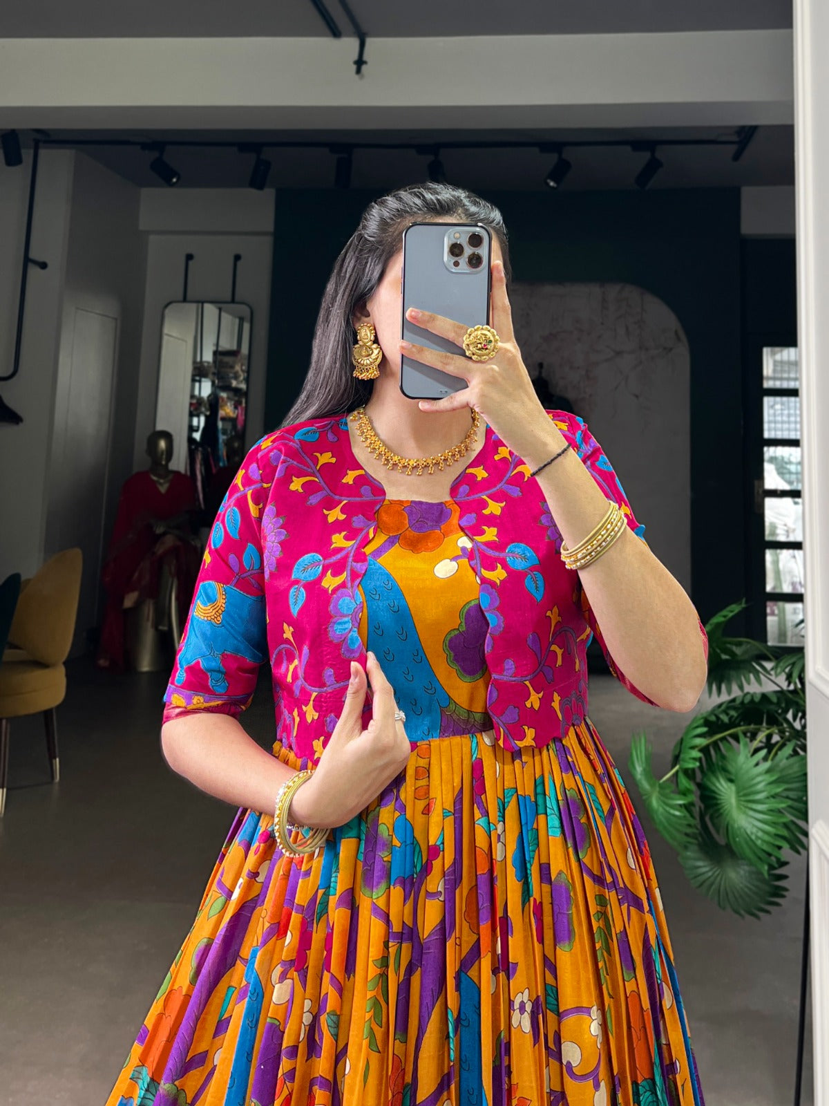 Kalamkari Tasar Silk Gown with Micro Crepe Lining