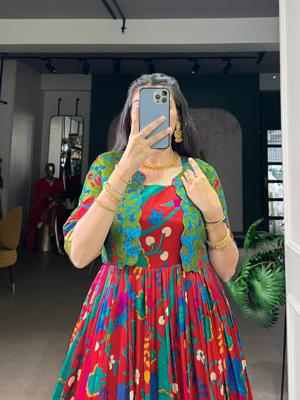 Kalamkari Print Tasar Silk Gown & Koti Set