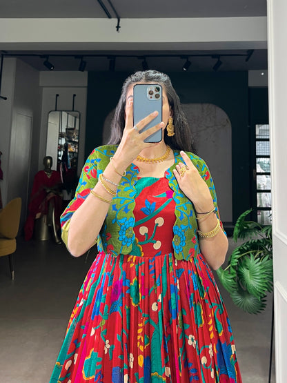 Kalamkari Print Tasar Silk Gown & Koti Set