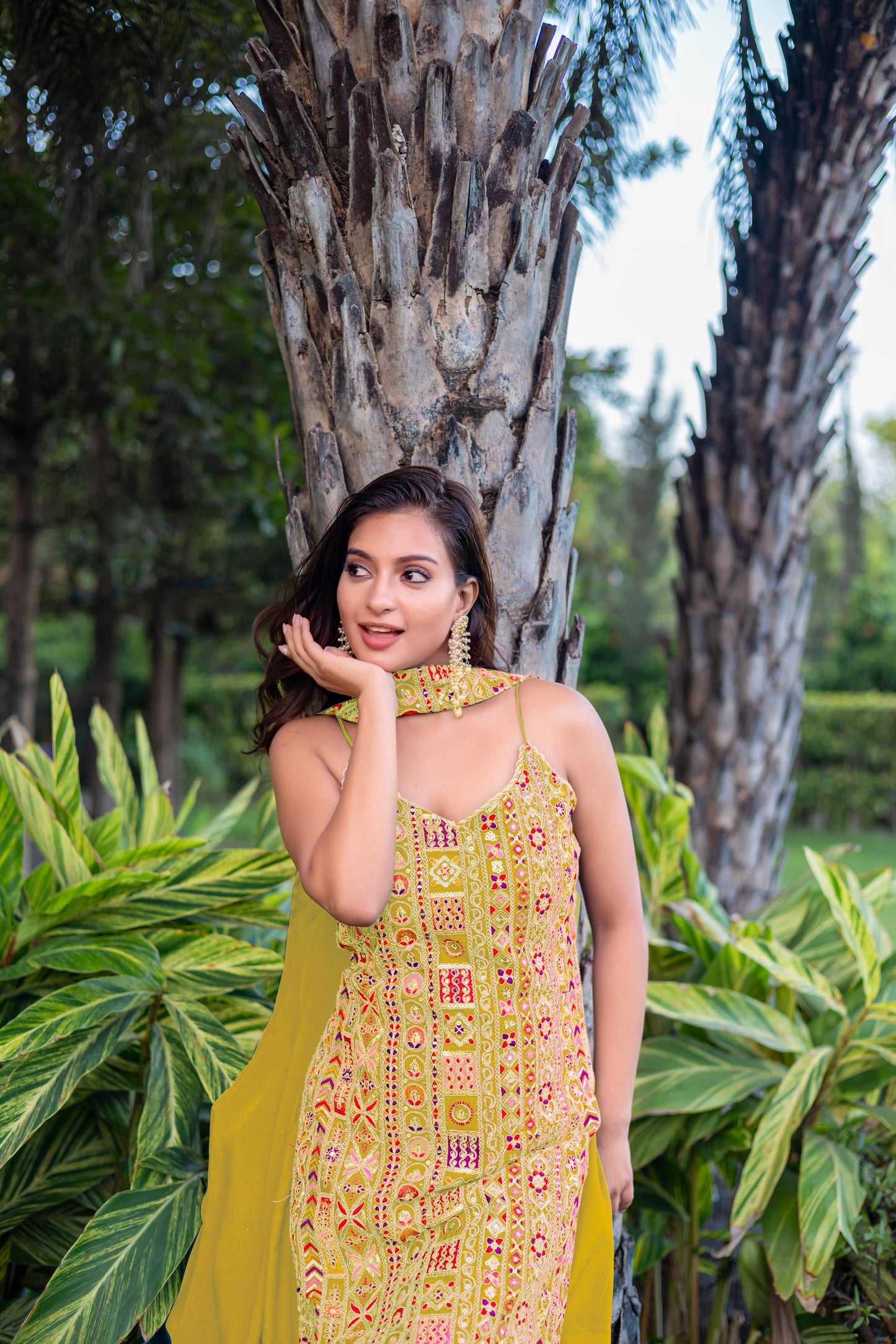 Yellow Gujrati Embroidered Halter Neck Suit Set