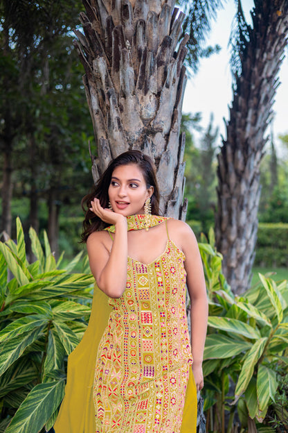 Yellow Gujrati Embroidered Halter Neck Suit Set