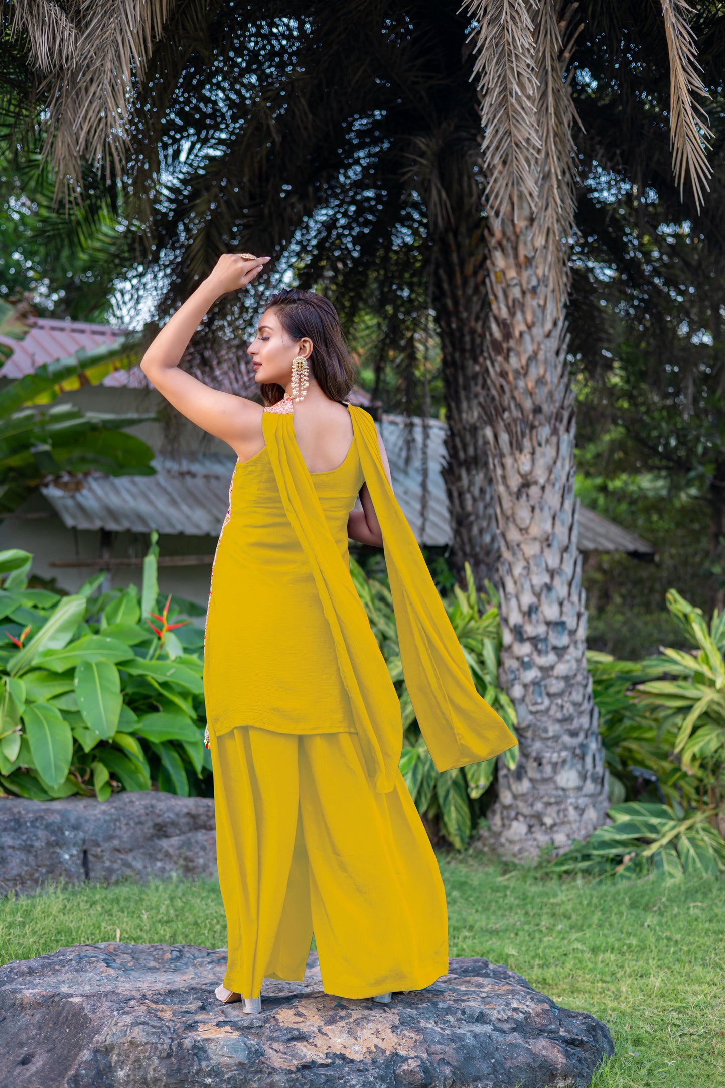 Yellow Gujrati Embroidered Halter Neck Suit Set