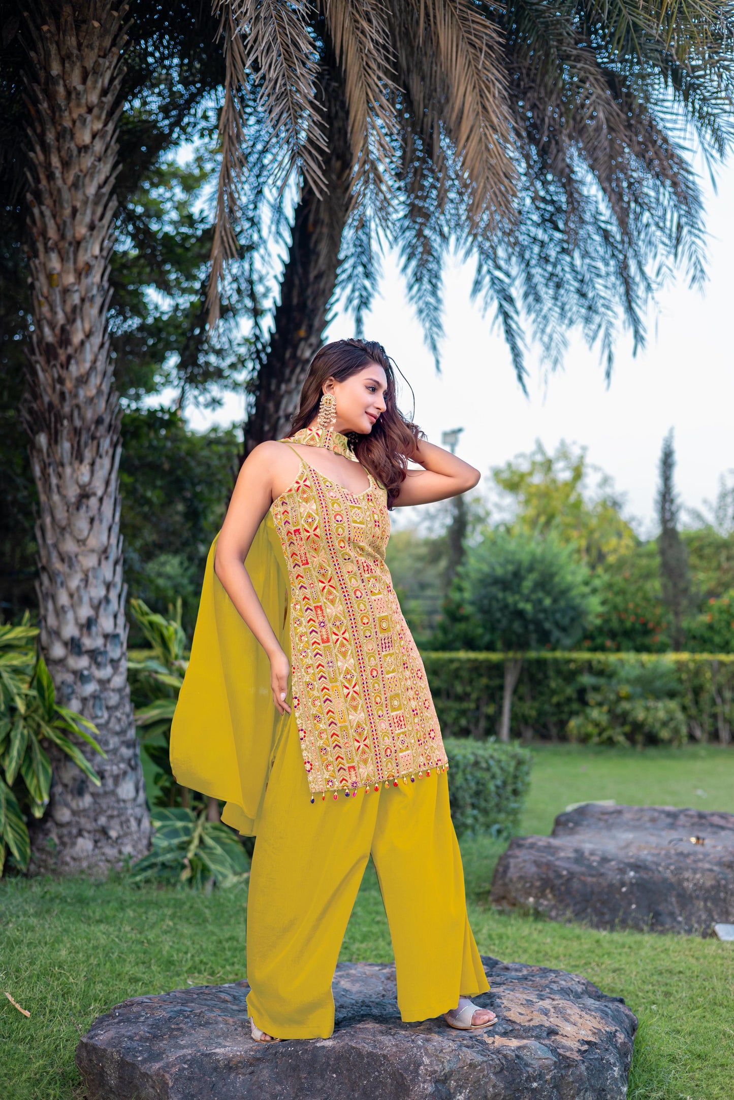 Yellow Gujrati Embroidered Halter Neck Suit Set