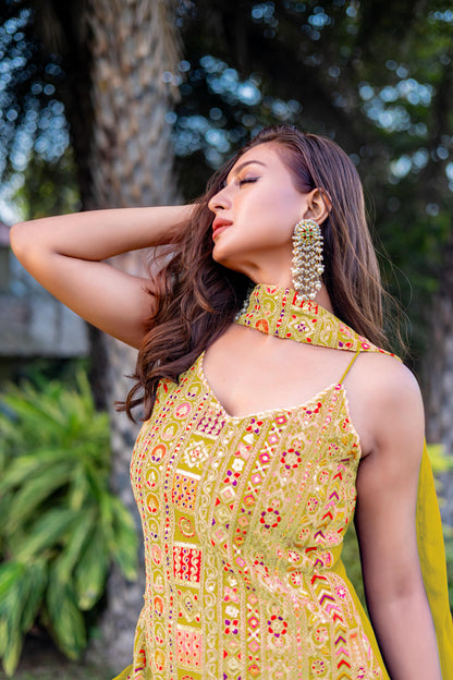 Yellow Gujrati Embroidered Halter Neck Suit Set