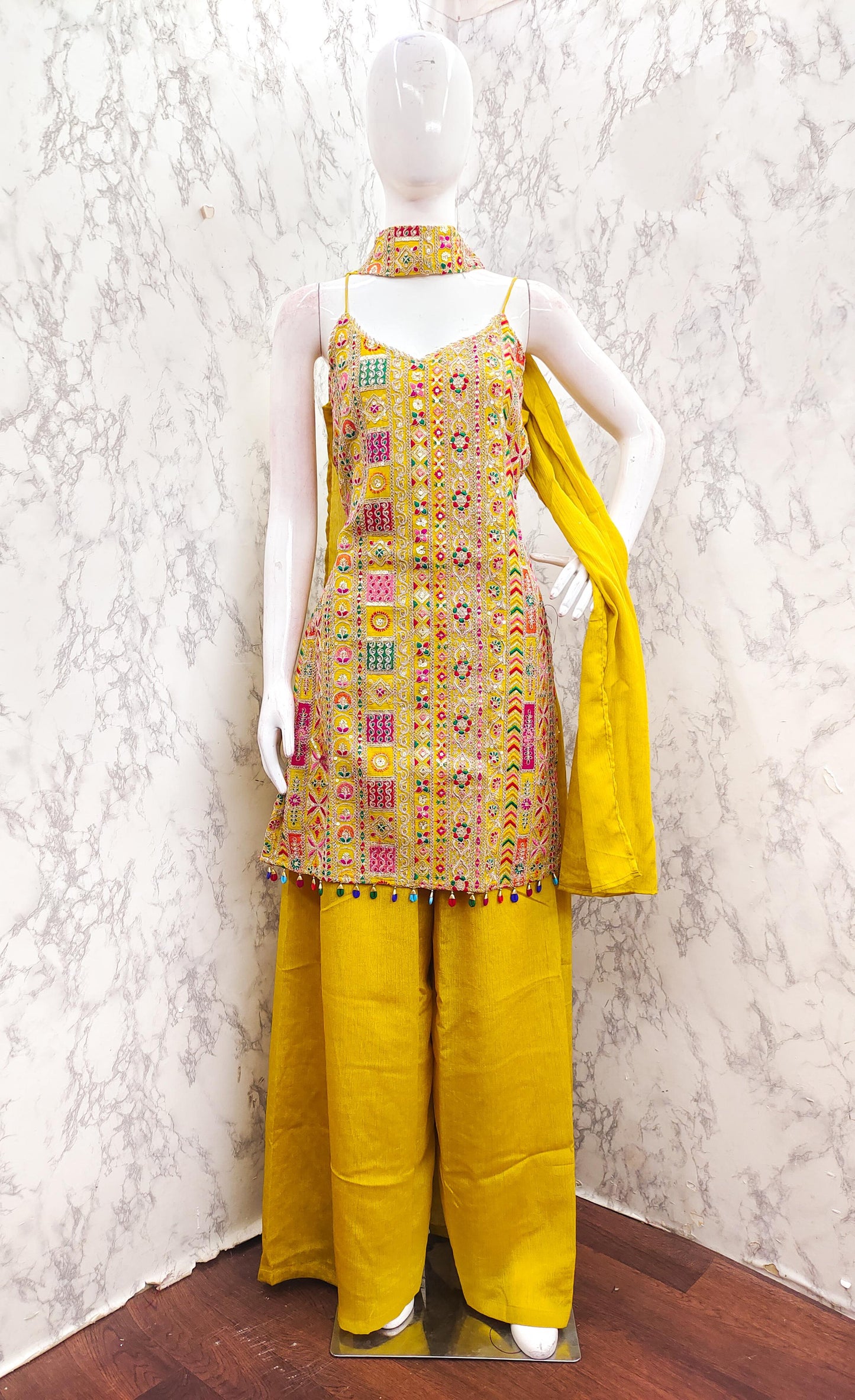 Yellow Gujrati Embroidered Halter Neck Suit Set