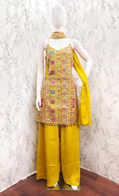 Yellow Gujrati Embroidered Halter Neck Suit Set