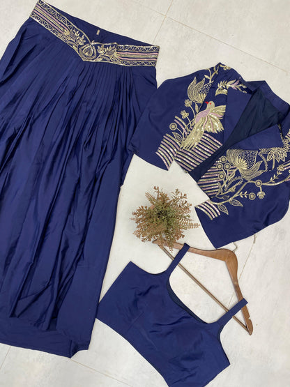 Trendy Indo-Western 3-Piece Set with Draped Skirt & Embroidered Koti