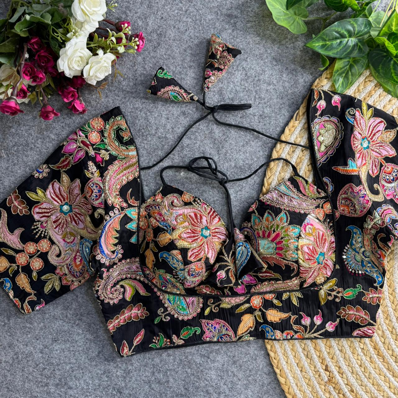 Luxury Partywear Black Padded Blouse Featuring Multi-Thread Embroidery