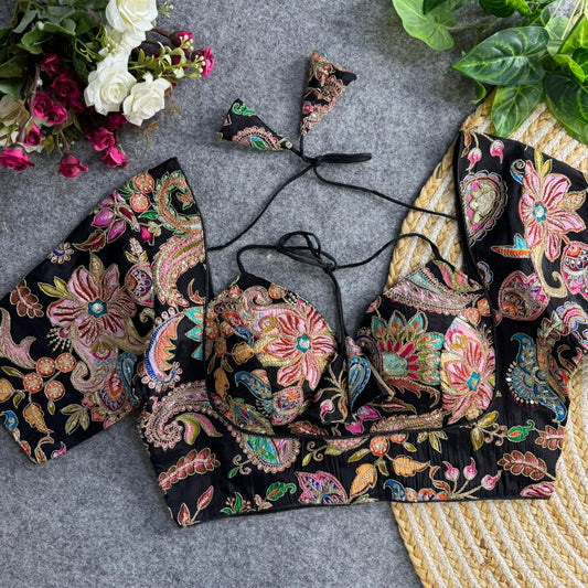 Luxury Partywear Black Padded Blouse Featuring Multi-Thread Embroidery