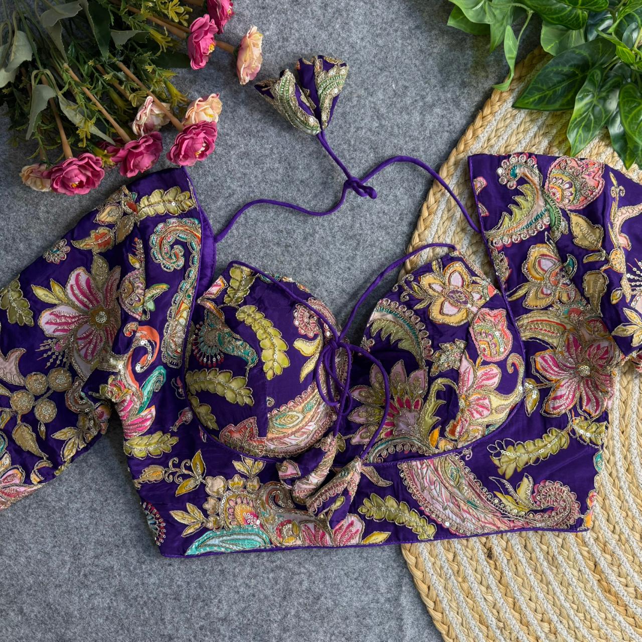 Exclusive Purple Silk Finish Designer Blouse with Hand-Embroidery