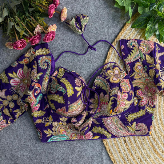Exclusive Purple Silk Finish Designer Blouse with Hand-Embroidery