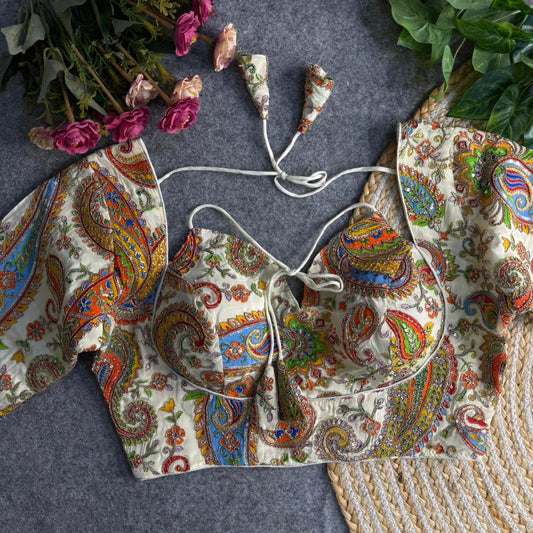 Cream Partywear Padded Blouse with Fancy Sleeves