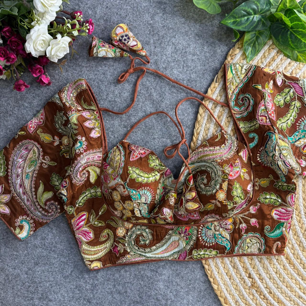 Designer Brown Embroidered Mirror-Work Choli Blouse