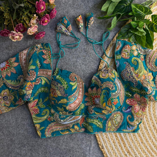 Premium Plum Embellished Ethnic Blouse Teal Blue Resham & Sequence Work