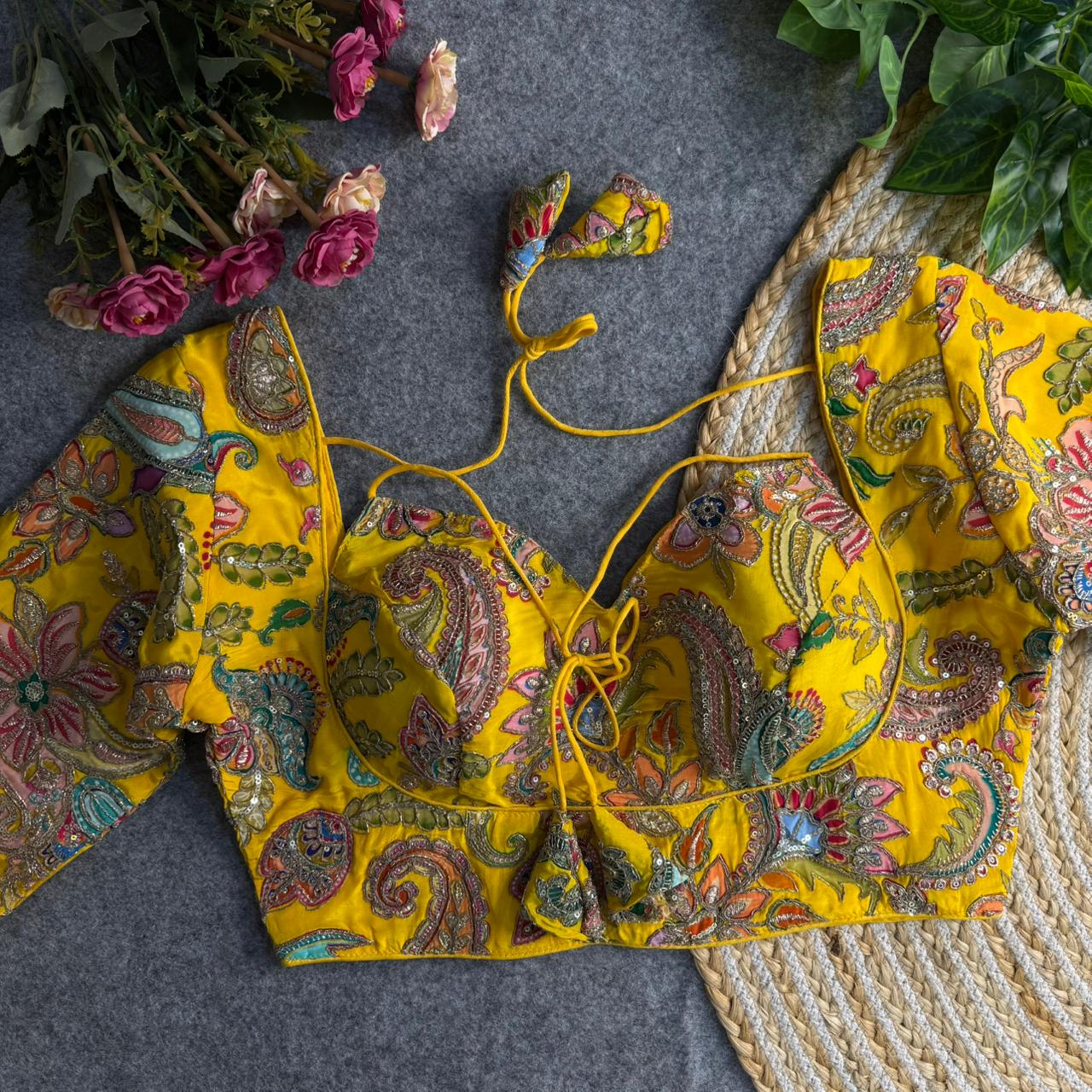 Mustard Yellow Designer Partywear Blouse Featuring Heavy Zari, Sequins & Thread Work Sleeves