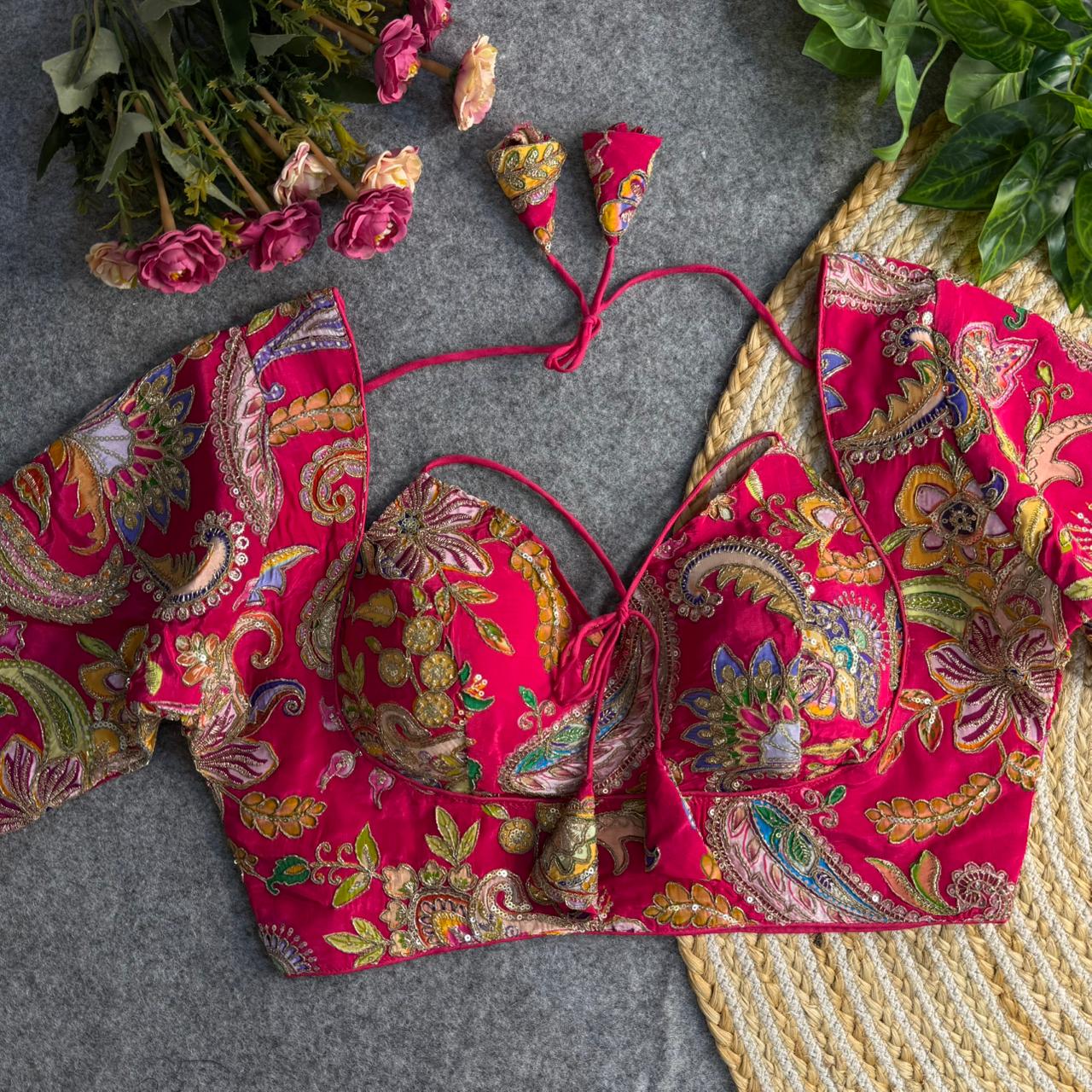 Elegant Magenta Pink Festive Wear Crop Blouse with Multicolor Floral Hand Embroidery