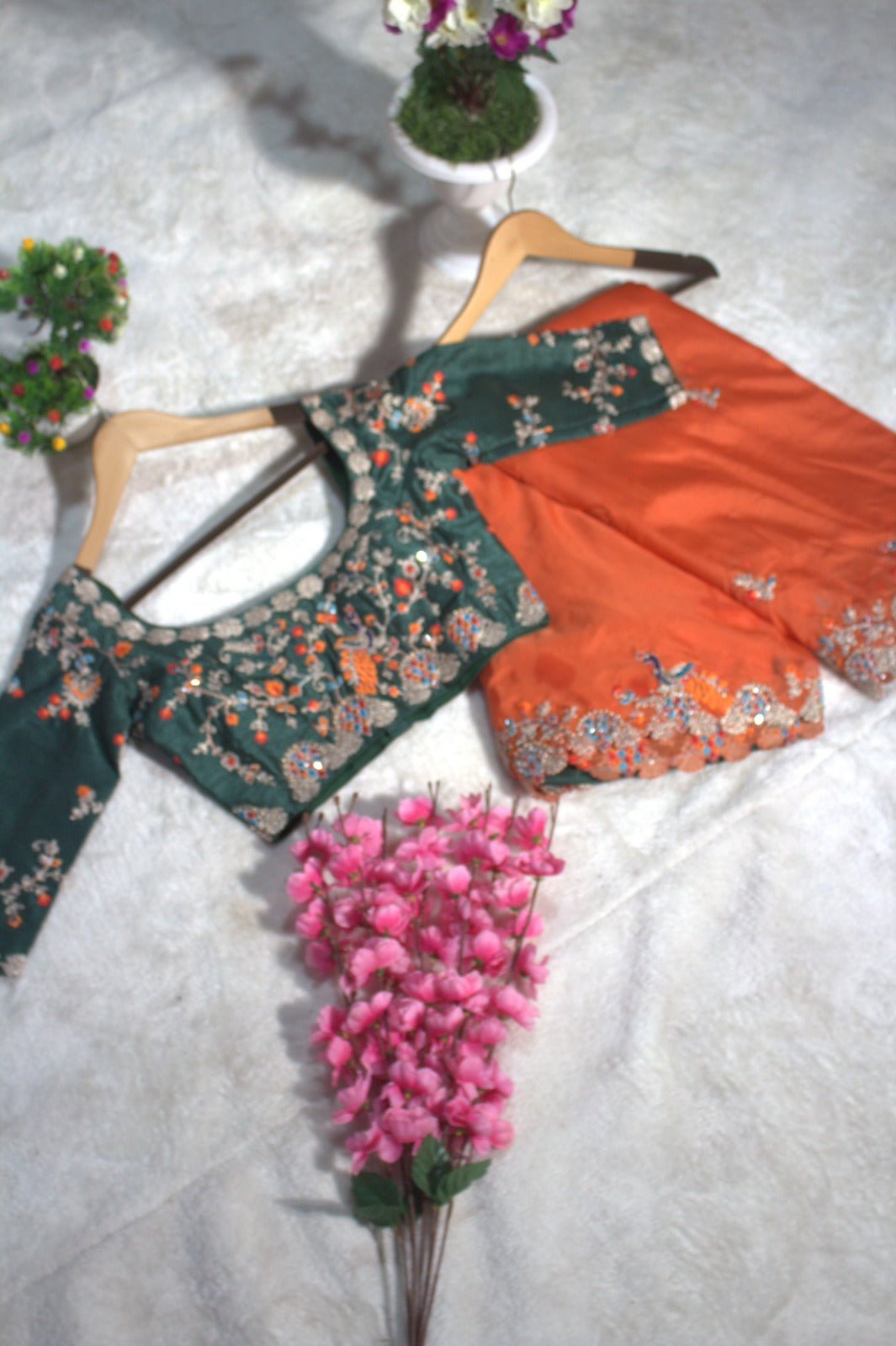 Stunning Orange Lightweight Saree with Detailed Thread Embroidery and Contrast Green Half-Sleeve Blouse