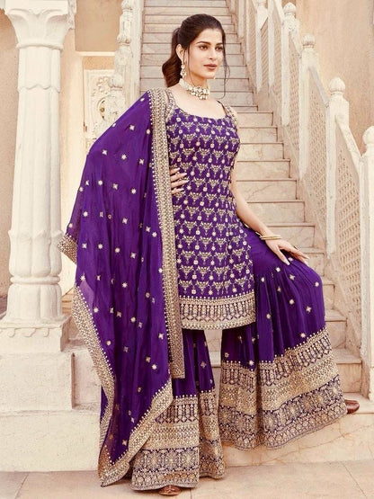 Purple Georgette Mirror Work Sharara Suit with Dupatta