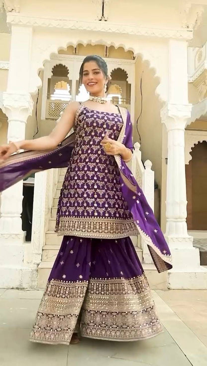 Purple Georgette Mirror Work Sharara Suit with Dupatta