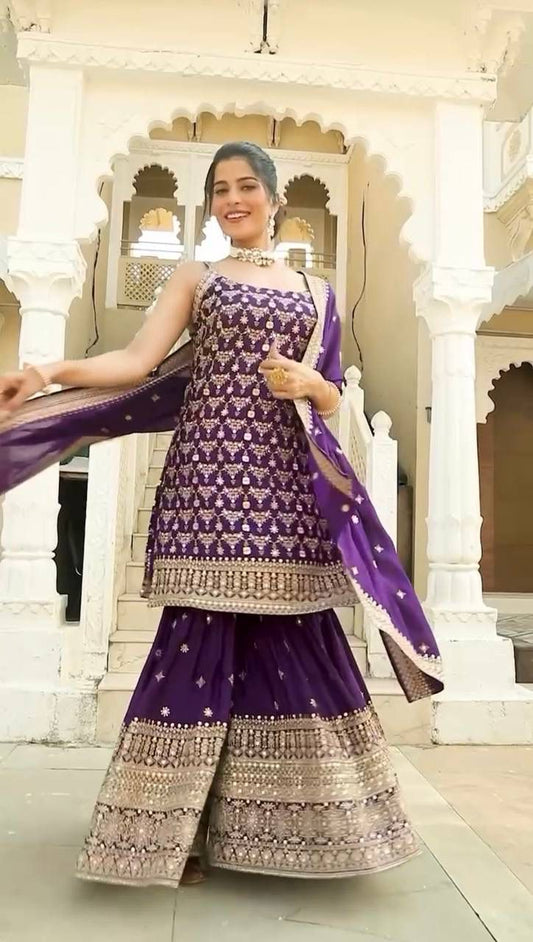 Purple Georgette Mirror Work Sharara Suit with Dupatta