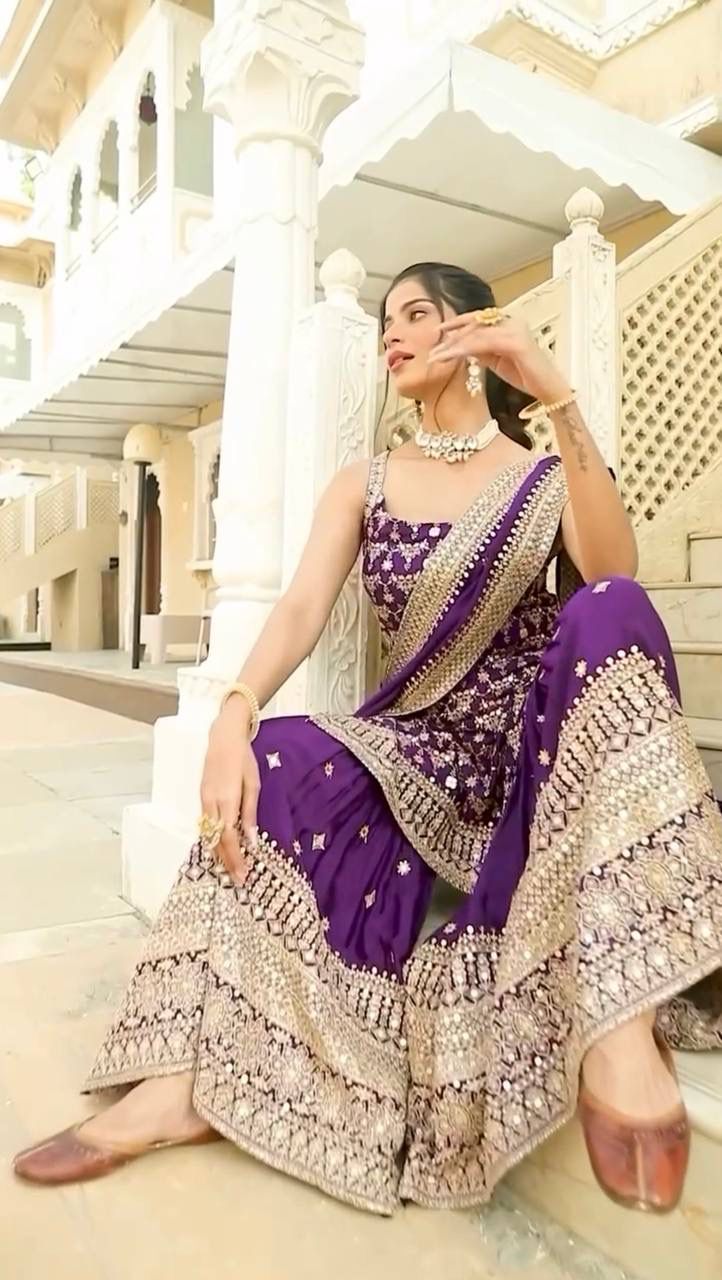 Purple Georgette Mirror Work Sharara Suit with Dupatta