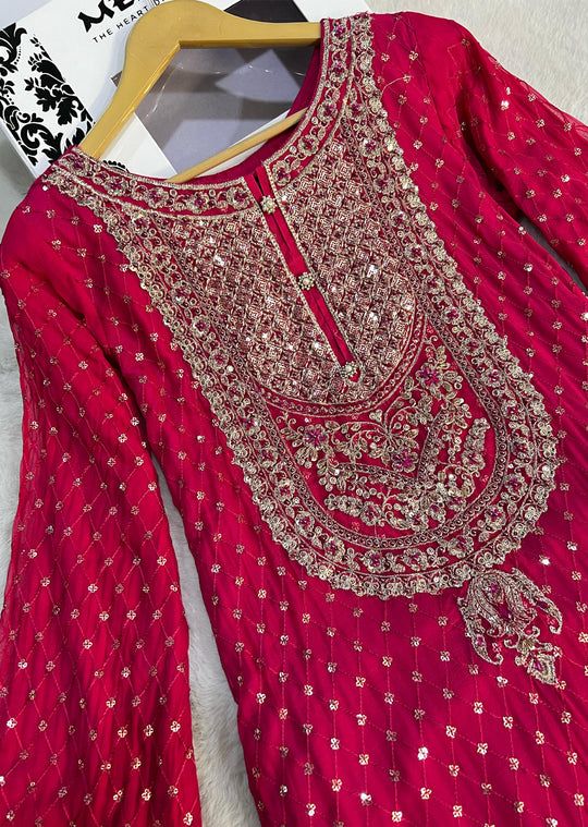 Red Georgette Heavy Work Sharara Suit & Dupatta Set