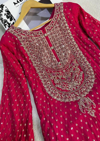 Red Georgette Heavy Work Sharara Suit & Dupatta Set