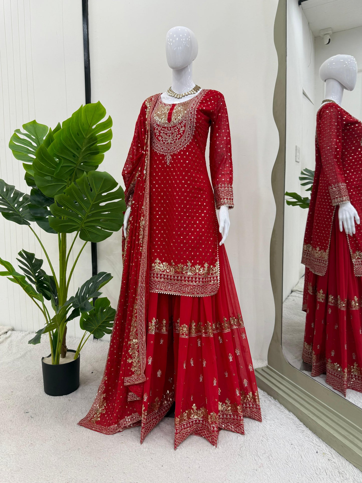 Red Georgette Heavy Work Sharara Suit & Dupatta Set