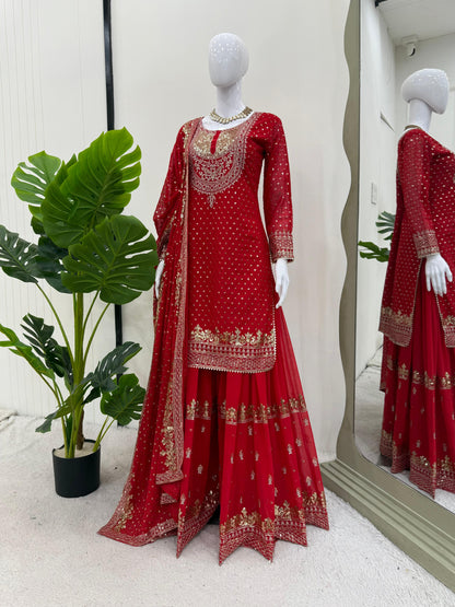 Red Georgette Heavy Work Sharara Suit & Dupatta Set