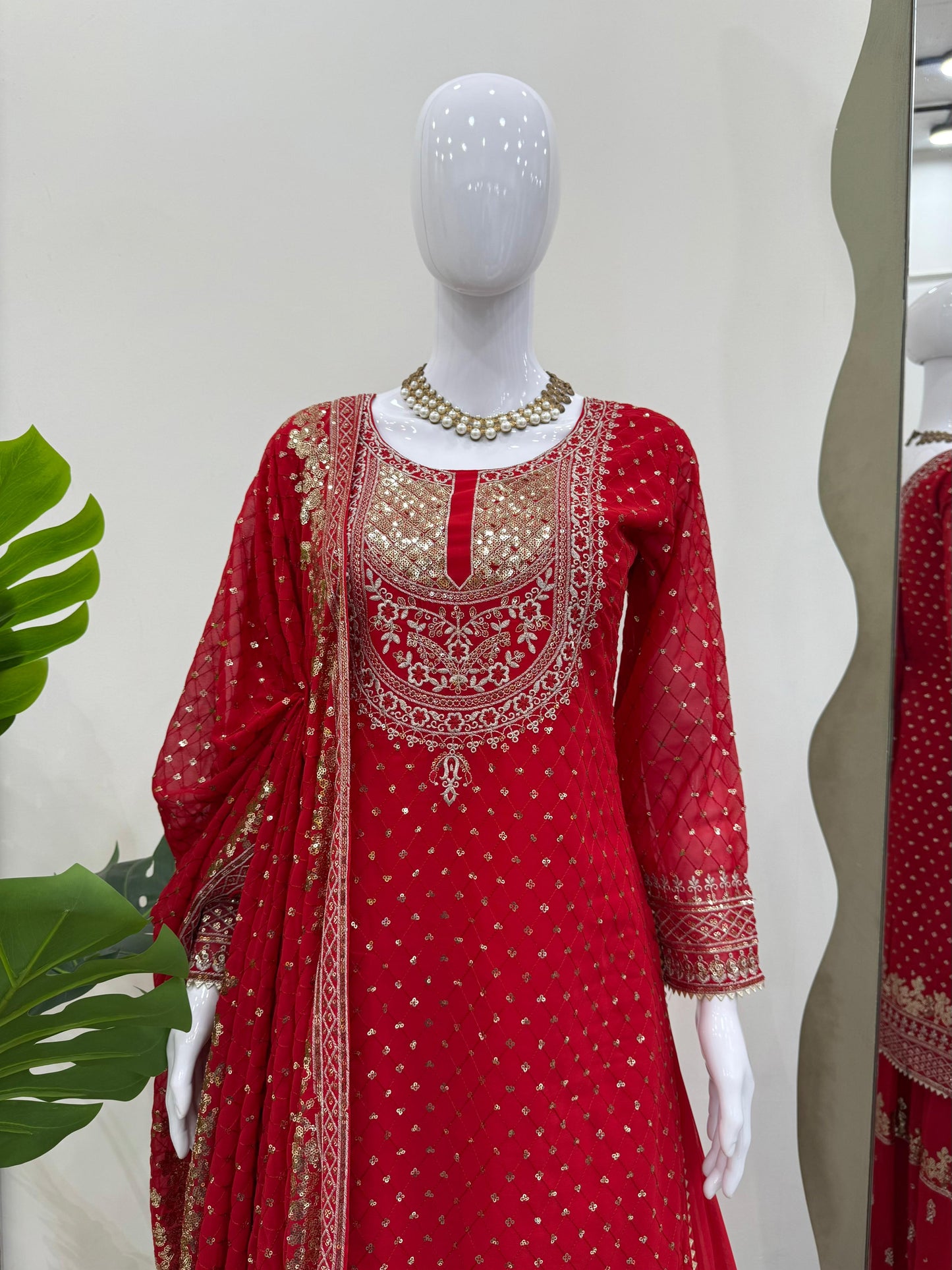 Red Georgette Heavy Work Sharara Suit & Dupatta Set