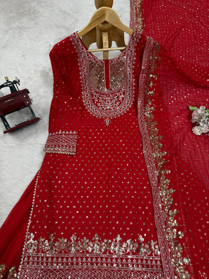 Red Georgette Heavy Work Sharara Suit & Dupatta Set