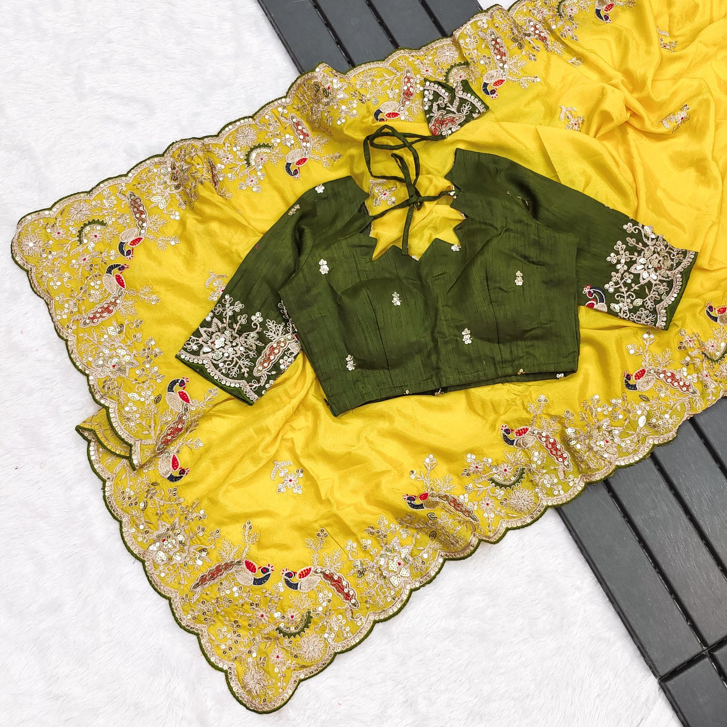 Premium Embroidered Chinon Silk Saree for Wedding And Festive Wear