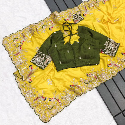 Premium Embroidered Chinon Silk Saree for Wedding And Festive Wear