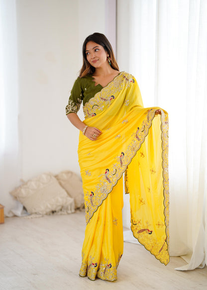 Premium Embroidered Chinon Silk Saree for Wedding And Festive Wear