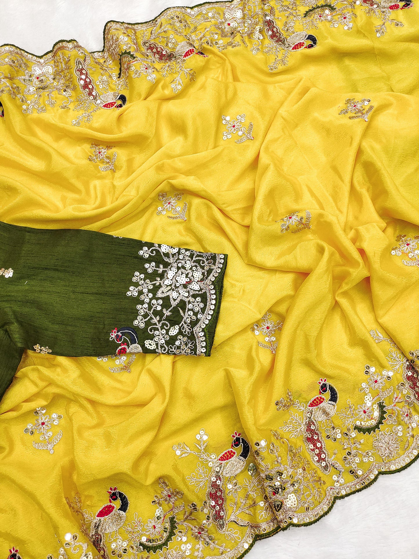 Premium Embroidered Chinon Silk Saree for Wedding And Festive Wear