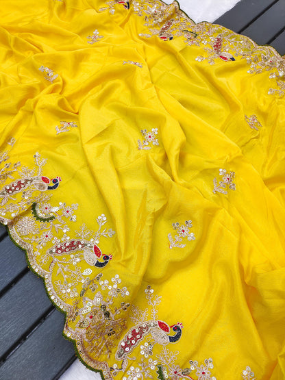 Premium Embroidered Chinon Silk Saree for Wedding And Festive Wear