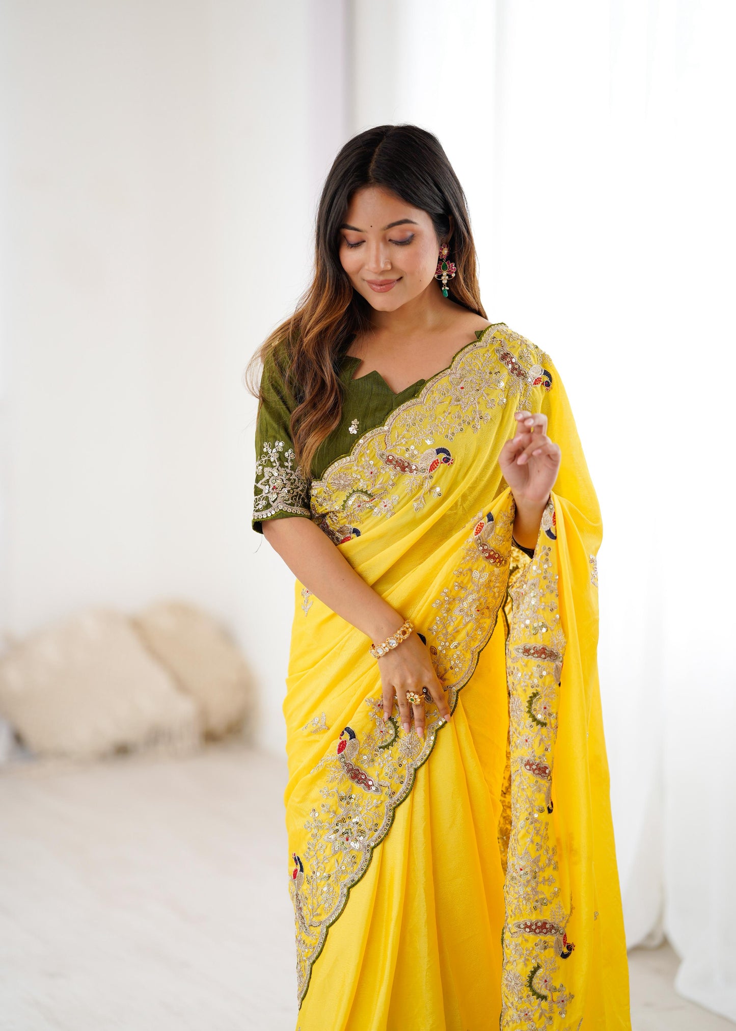 Premium Embroidered Chinon Silk Saree for Wedding And Festive Wear
