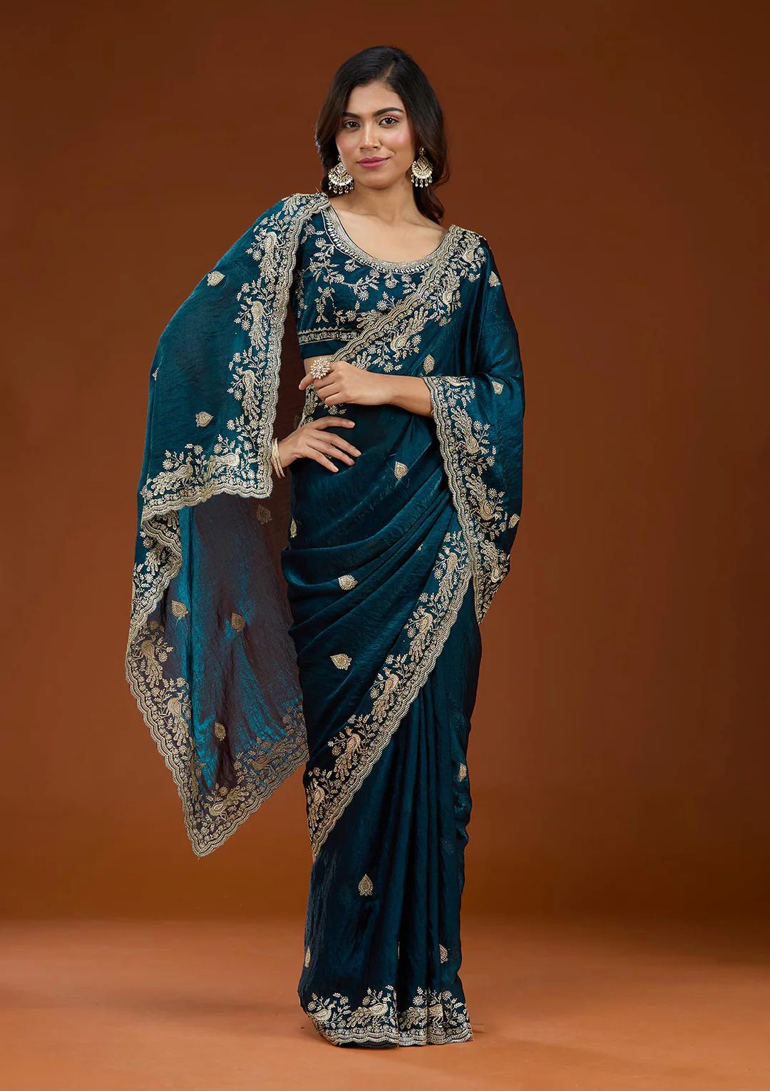 Luxury Teal Handwork Silk Saree Matching Embroidered Blouse Piece