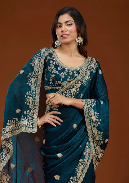 Luxury Teal Handwork Silk Saree Matching Embroidered Blouse Piece