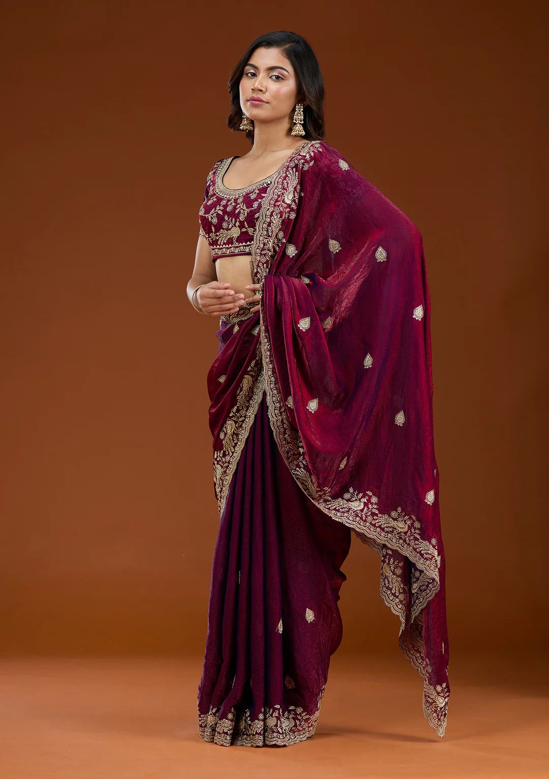 Premium Wine Rich Zari Embroidered Saree with Unstitched Blouse