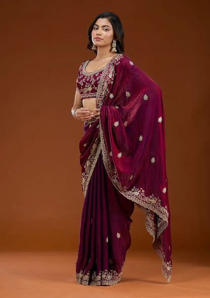 Premium Wine Rich Zari Embroidered Saree with Unstitched Blouse