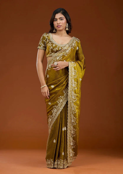Mustard Elegance Zari Embroidery Motifs Saree & Unstitched Blouse