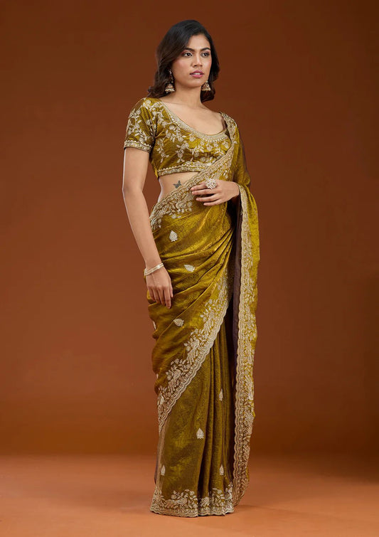 Mustard Elegance Zari Embroidery Motifs Saree & Unstitched Blouse