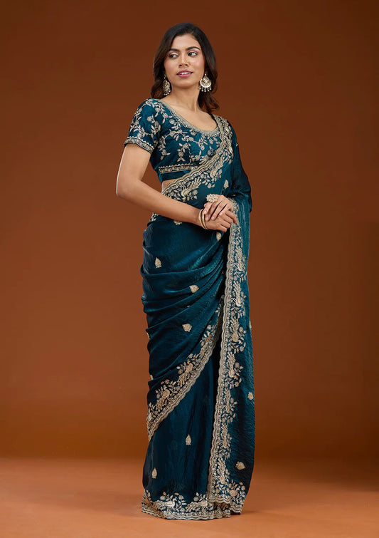 Luxury Teal Handwork Silk Saree Matching Embroidered Blouse Piece